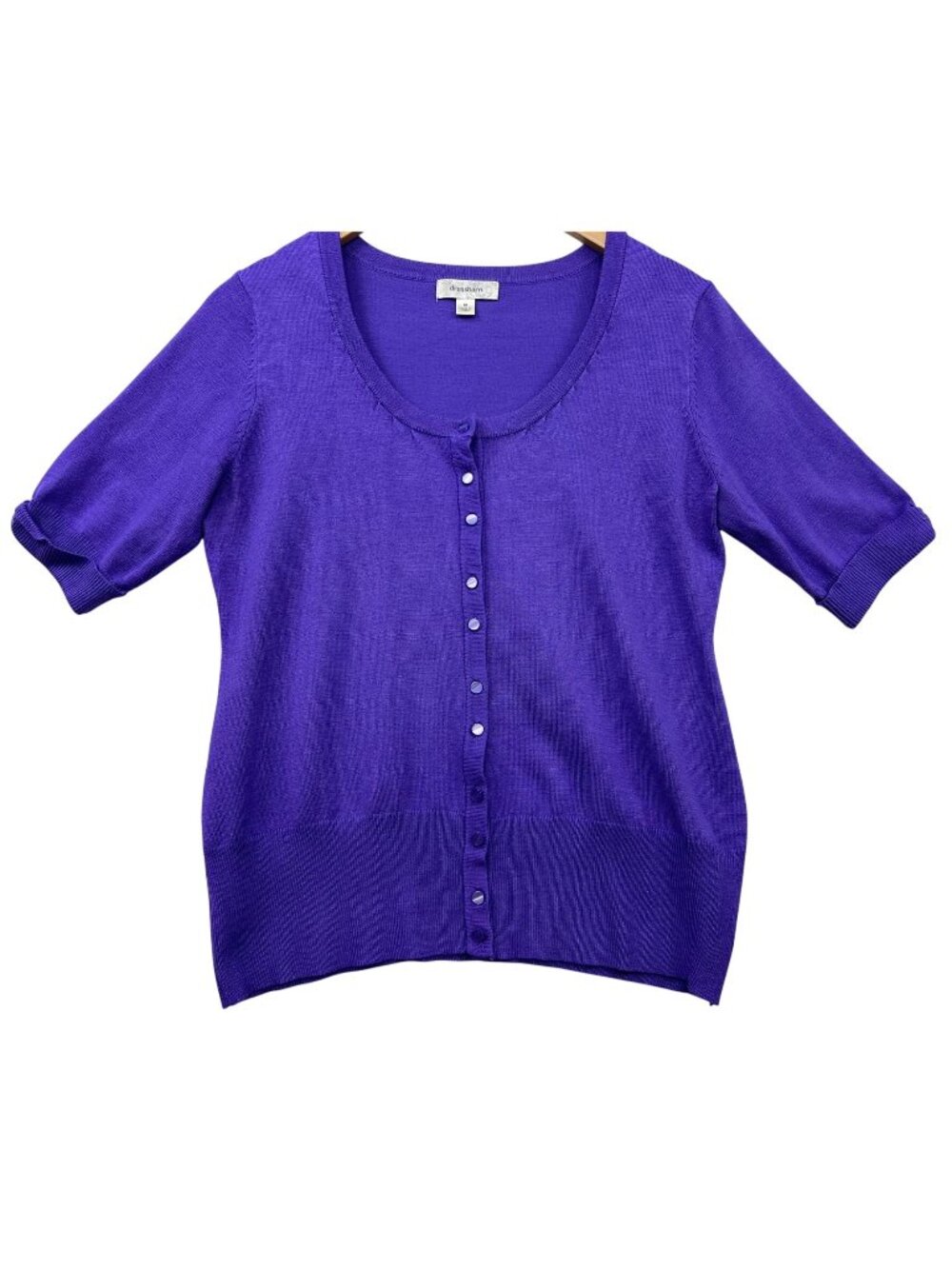 Dressbarn Womens Button Down Cardigan Sweater Medium Purple Knit Short Sleeve